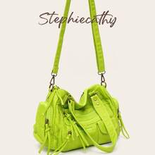 STEPHIECATHY 純色軟洗 PU 皮革拉鍊開合多口袋單肩/斜跨包，女款中性復古休閒校園日常通勤風格 - 青檸色 - 查看 4
