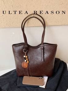 1pc Solid Color PU Leather New Women's Backpack, Shoulder Bag, Tote Bag, Fashion Square Handbag, Zipper Closure, Large Capacity, Suitable For Commuting, Shopping, Dating, Work - Coffee - View 2
