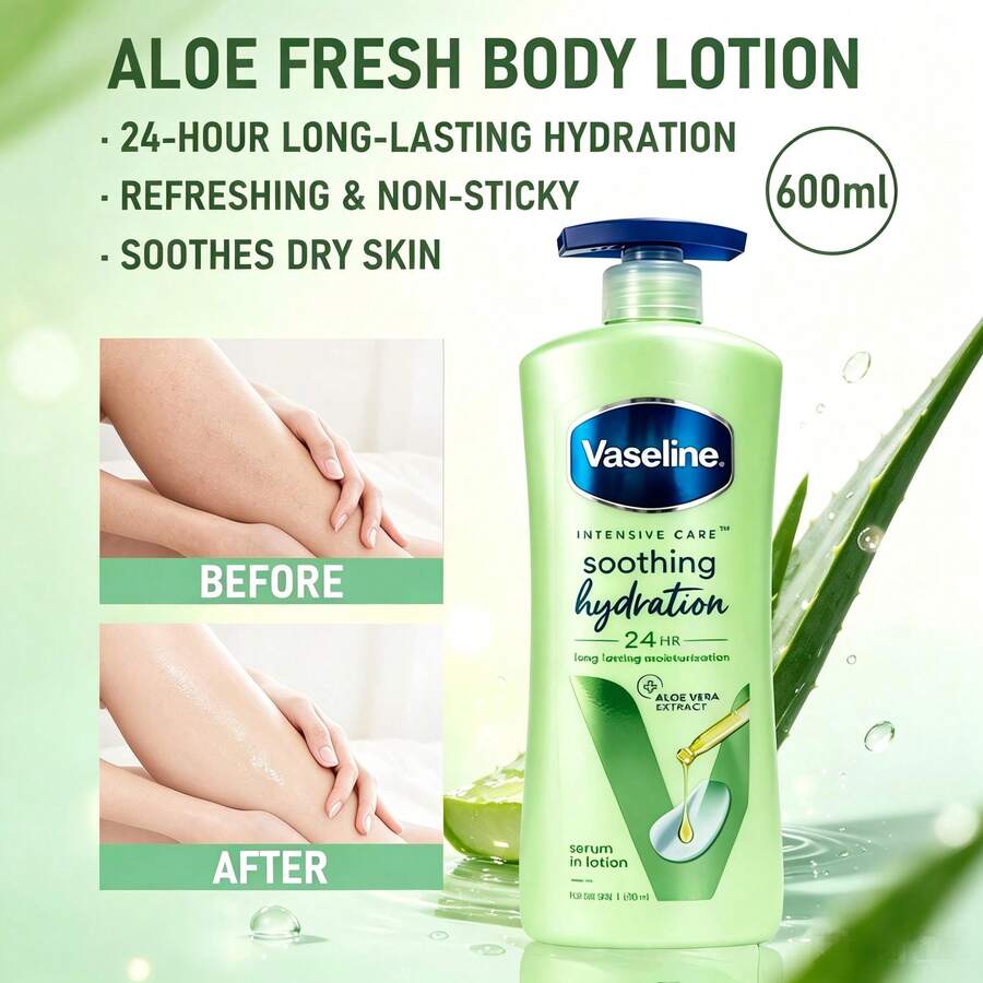 600ml/20.3oz Vaseline Aloe Vera Soothing Moisturizing Body Lotion | 24-Hour Lasting Hydration | With Aloe Vera Extract And Mint - Aloe Fresh - 600ml - View 1