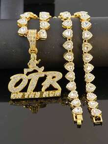 OTR Letter Full Rhinestone Pendant Necklace Heart-Shaped Diamond Chain Men's Hip-Hop Accessory ON THE RUN Street Rap Fashion - OTR Pendant Necklace - View 12