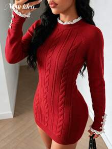 NEW IDEA Women Glam Red Fall Winter Sweater Dress, Cable Knit Bodycon Mini Dress With Lace Trim & For Cocktail, Dinner & Christmas Holiday Party - Red - View 5