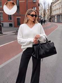 Women's V-Neck Raglan Patchwork Long Sleeve Casual Loose Fit Versatile Solid Color Hollow Sleeve Thick Knit Sweater Top Autumn/Winter - Beige - View 10