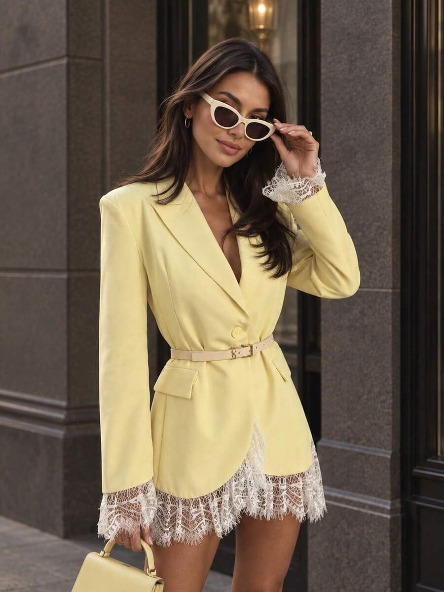 Women's Fashion Polyester Long Sleeve Colorblock Lace Blazer Dress With Belt, All-Season Wear, Regular Length