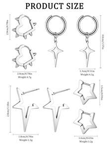 Yanxyad Punk Silver Tone Earring Set, Spiked Heart Hoop, Star Dangle & Hollow Star Stud Earrings, Gothic Cool Statement Jewelry For Women - Silver - View 5