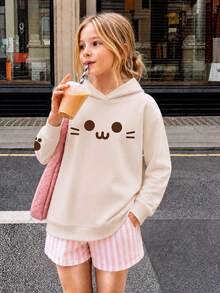 1pc Teen Girls Soft Cute Healing Style Cartoon Cat Smiling Face Pattern Loose Long Sleeve Pullover, Fun Cat Paw Print Comfortable Skin-Friendly Top, Casual Versatile Daily Outfit, Lazy Sweet Style Essential Item For Autumn Winter Early Spring - Apricot - View 5