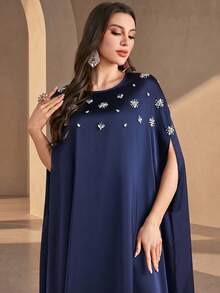 Women's Round Neck Rhinestone Decor Casual Summer Dress Elegant - Navy Blue - View 1