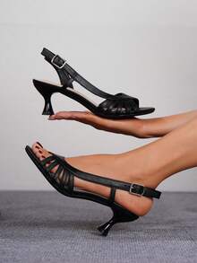 女款露趾側鏤空後綁帶粗跟涼鞋 休閒簡約舒適黑色PU高跟涼鞋 - 黑色 - 查看 3