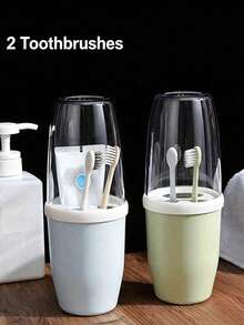 Couple Creative Toothbrush And Mouthwash Cup Set With Lid - Portable Travel Toothbrush Holder, Durable Plastic, Toothbrush Storage Set. Bathroom Toothbrush Storage Box. Portable Bathroom Toothbrush Box, Nordic Transparent Design. - C - View 19
