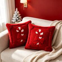 COOKCOK 1pc Christmas Decorative Pillow Case 18X18 Inch, Plush Christmas Candy Ribbon Decorative Pillow Case, Soft And Comfortable Cushion Cover, Suitable For Christmas, Halloween, Autumn And Winter Sofa Bed Home Decor (Pillow Insert Not Included) - Red - View 7