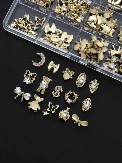 30 peças/20 peças/10 peças Pingentes 3D para Unhas Mix Aleatório, Decorações de Arte de Unhas de Luxo com Strass, Pérola e Liga Metálica, Enfeites de Unhas em Formato de Urso, Borboleta, Lua e Símbolo de Dólar para Manicure DIY