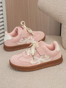 Kids Girls Sneakers, Hook‑Loop Closure German Training Shoes, Sweet Double‑Heart Bow, Breathable Upper, Thickened Insole, Wide Fit School Shoes - Pink - View 5