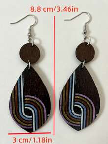 1 Pasang Anting-Anting Kayu Melengkung Geometris Pelangi Bergaya Vintage, Anting Gantung Bulat Motif Patchwork Bohemian. - Bentuk geometris - View 3