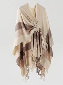 1pc Women's Plaid Warm Poncho Shawl Coat, Suitable For Daily Wear - Beige - View 4
