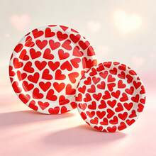 Red Heart Print Disposable Paper Plates Set, 24Pcs (12Pcs 9inch +12Pcs 7inch), Valentine's Day Party Tableware, Paper Plates For Wedding, Anniversary, Birthday Party, Picnic & Family Dinner Decor - Multicolor - View 2