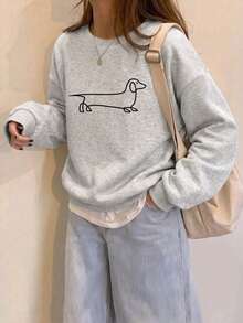 Women's Casual Crew Neck Sweatshirt, Decorated With Minimalist Black Line Dachshund Print, Simple And Versatile, Suitable For Daily Wear - Light Grey - View 6