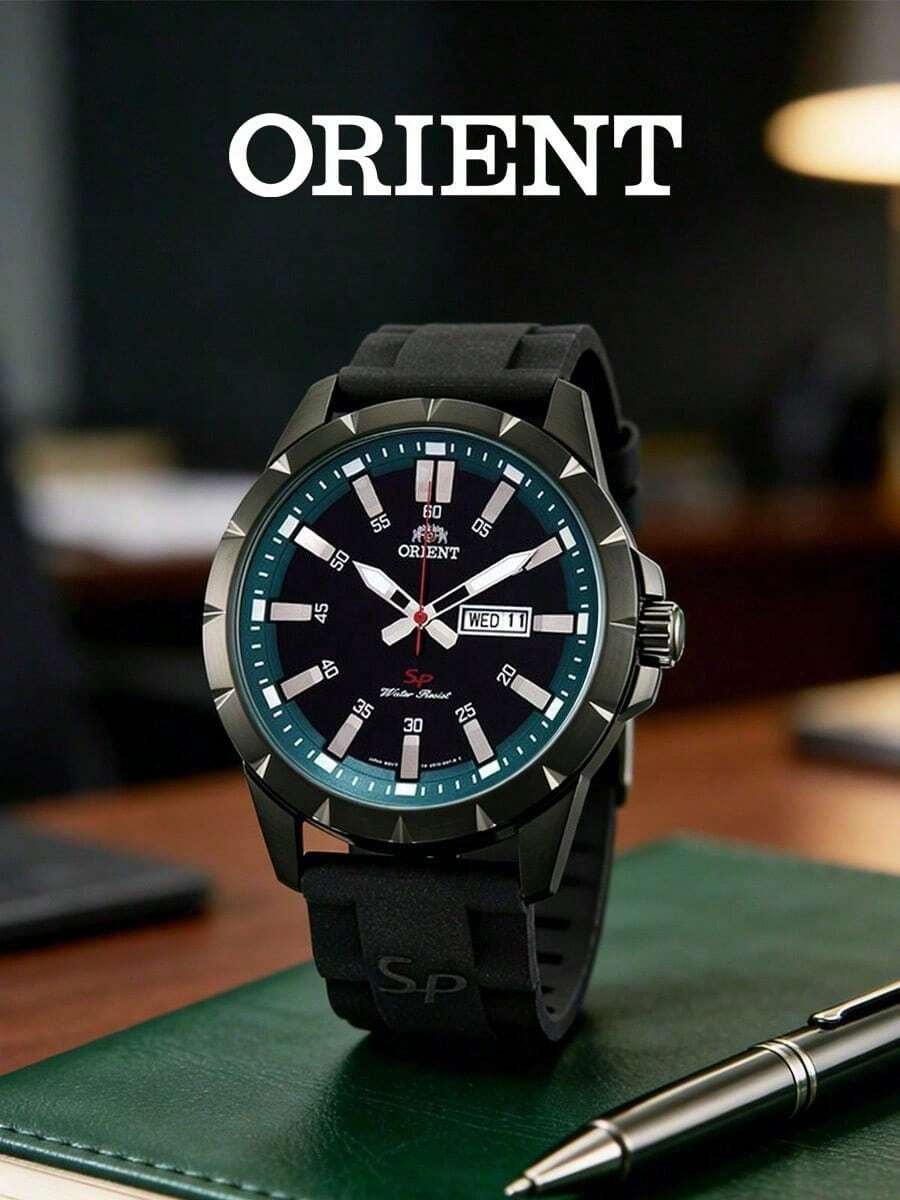 Jam Tangan Quartz ORIENT Pria, Tali Silikon Hitam Doff, Dial Hitam dengan Bezel Dalam Biru Kehijauan, Tampilan Ganda Hari dan Tanggal, Tahan Air, Jam Tangan Outdoor untuk Mendaki - Hitam - View 1