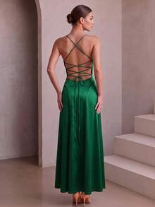 Women's Elegant Sexy Dark Green Cowl Neck Backless Criss-Cross Tie Dress, Luxury Evening Gown For Wedding Bridesmaid, Party, Cocktail, Autumn/Winter - Dark Green - View 2