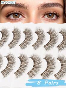8 Pairs Brown False Eyelashes, Natural And Fluffy, Realistic Synthetic Eyelashes, Soft And Comfortable, Suitable For Daily Makeup, Lightweight And Easy To Wear - Brown - View 1
