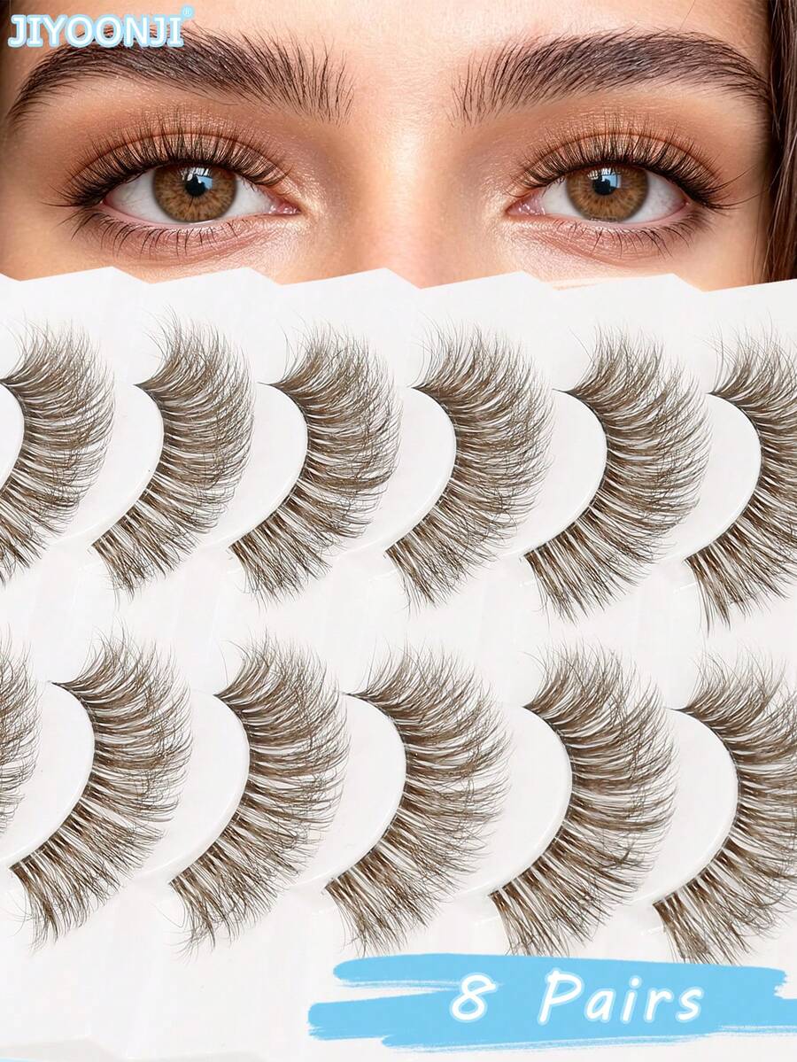 8 Pairs Brown False Eyelashes, Natural And Fluffy, Realistic Synthetic Eyelashes, Soft And Comfortable, Suitable For Daily Makeup, Lightweight And Easy To Wear - Brown - View 1