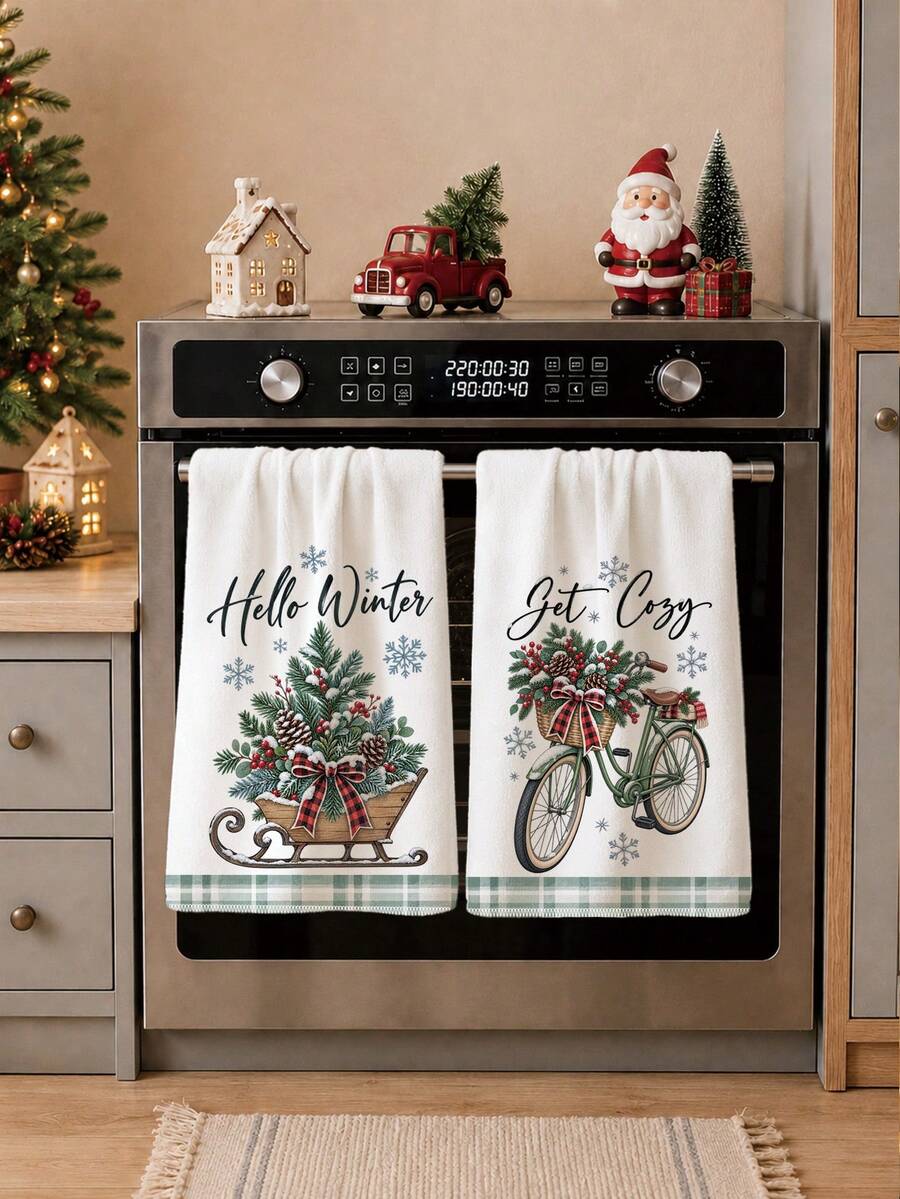 2 Buah Handuk Dapur, Handuk Dapur Motif Kotak-kotak Musim Dingin, Motif Kereta Luncur & Sepeda, Kain Lap Piring, Gaya Pedesaan, Ukuran 40*60cm Persegi Panjang, Handuk Dapur Mikrofiber Lembut, Sempurna untuk Dapur, Ruang Makan, dan Kamar Mandi, Dekorasi Dapur, Dekorasi Rumah, Hadiah Pindah Rumah untuk Tetangga, Kain Lap Piring - Tunas Hijau - View 1