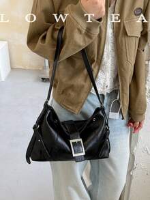 low tea 1 buah Tas Bahu Minimalis Fashion dengan Gesper, Bahan PU, Cocok untuk Bepergian, Berbelanja, dan Lainnya - Hitam - View 7