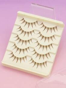 5 Pairs Brown Wheat Ear Full Strip False Eyelashes, Sharp Tips, Thin Natural Look, Soft Stem, Reusable Makeup Lashes, Includes Eyelash Applicator And Brush - Brown - View 6