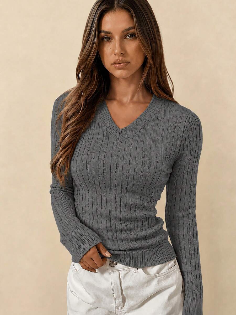 Apperloth A Women's Spring Casual Thin Soft V-Neck Long Sleeve Fitted Short Aran Knit Basic Pullover Sweater - Dark Grey - View 1