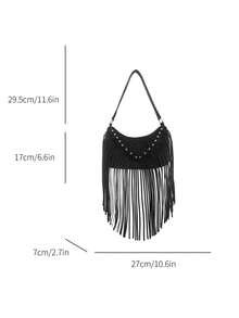 New Retro Fashion Leopard Print Square Bag, Tassel And Rivet Decor, Zipper Closure, Large Capacity Lightweight Minimalist, Soft Texture Shoulder Underarm Bag, Suitable For Women's Daily Life, Casual, Commute, Work, Vacation And Student Use - Black - View 8
