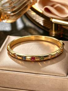 1pc Gold Colorful Zirconia Hinged Bangle Stackable Luxury Bracelet Autumn Winter Outdoor Accessory Jewelry For Banquet,Party,Daily Commute - Gold - View 2