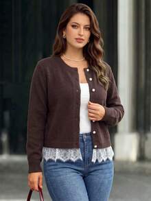 Plus Size Women's Round Neck Autumn Cardigan Winter Cardigan Lace Trim Pearl Button Fashion Knit Cardigan Jacket - Coffee - View 1