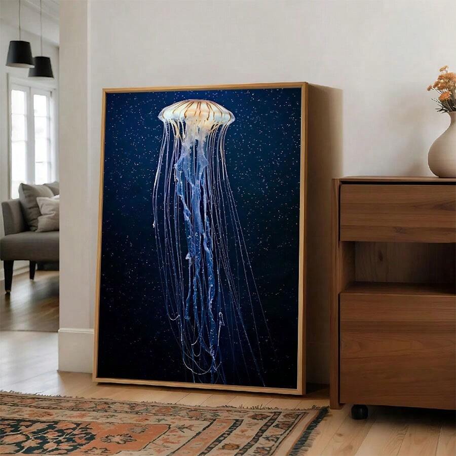 1pc/Set Deep Sea Jellyfish Canvas Wall Art Print, Glowing Jellyfish Underwater Canvas Poster, Dark Blue Ocean Aesthetic Artwork With Starry Background, Surreal Marine Life Decor For Bedroom Living Room Bathroom, Modern Home Decoration, No Frame - Retro - View 1