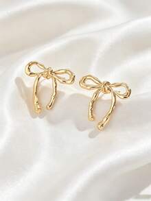 1 Pair Elegant Minimalist Textured Sweet Bow Earrings Suitable For Wedding, Festival, Party, Casual Wear - Gold - View 6