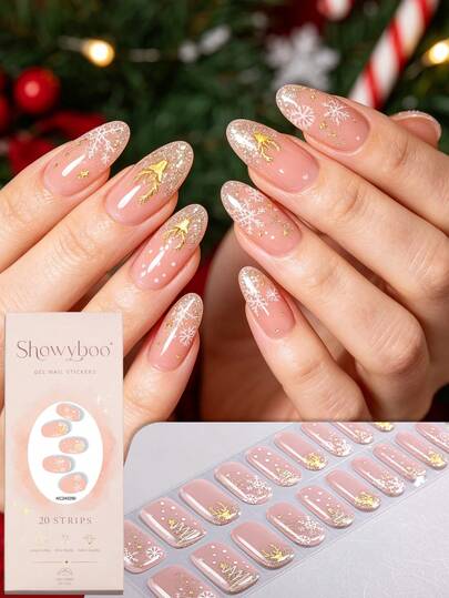 Showyboo Semi-Cured Gel Nail Strips, 20 Pieces, Nude Gold Glitter Gradient Christmas Snowflake Tree Nail Stickers, Soft Warm Daily Design Self-Adhesive Nail Decals For Daily Commute, Office Wear & Casual Gatherings