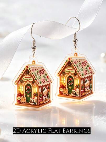 2D Christmas Gingerbread House Dangle Earrings For Women, Cute Acrylic Holiday Drop Earrings, Xmas Party Costume Jewelry Gift
