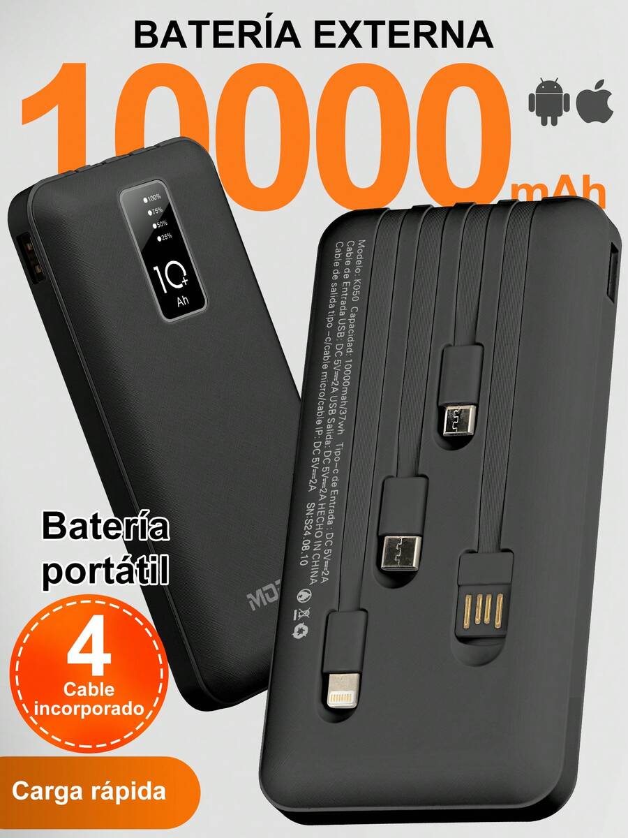 Moreka Power Bank Portable Battery Fast Charge 10000mah 4 Cables - Black - View 1