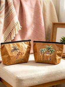 Camels Coconut Trees Cosmetic Bag, Portable Zipper Makeup Storage Pouch, Large Capacity Travel Toiletry Bag,Cute Makeup Tools Organizer, Multifunctional Storage Bag - Multicolor - View 3