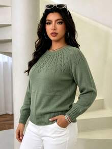 Plus Size Women's Loose Casual Round Neck Long Sleeve Knit Sweater, Textured Pattern Minimalist Design, Versatile Everyday Style - Green - View 5