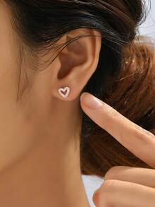 Cubic Zirconia Heart Stud Earrings Valentines,Mom,Mother,Mother's Day,Gift - Rose Gold - View 5