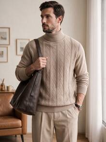 Men's High Neck Cable Knit Argyle Pattern Sweater, Crew Neck Simple Casual Style, Business Commute Inner Layer Outer Wear Knit Top, Two-Collar Design - Apricot - View 5