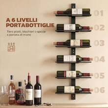 HOMCOM Portabottiglie da Parete per 6 Bottiglie, Portabottiglie in Acciaio a 6 Livelli, Porta Vino per Cucina, Sala da Pranzo, Bar, Cantina, Nero - Visualizzare 2