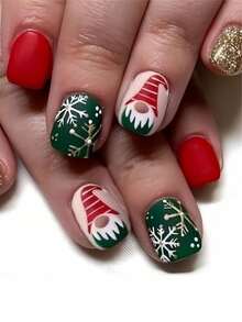 24pcs Short Square Christmas Press-On Nails, Snowflake, Santa Claus, Snowman, Christmas Tree Pattern Fake Nails, With Jelly Glue And Nail File, Suitable For Women's Daily, Party And Holiday Use - Multicolor - View 1