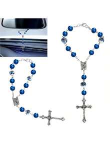 2pcs Car Rearview Mirror Hanging Ornaments, Blue Ceramic Bead Pendant, Car Interior Rearview Mirror Decorative Accessories, Unisex Car Medal And Cross Hanging Charms - A - View 6
