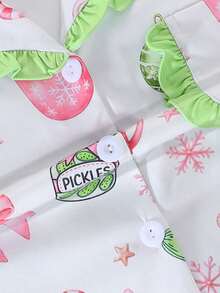 2pcs/Set Christmas Children's Short Sleeve Pajama Set, Flame Retardant Fabric, Cartoon Santa Claus Print Pattern, Green Ruffle Trim Design On Cuffs, Hem And Pockets, Lapel Short Sleeve Cardigan And Long Pants Set, Suitable For All Seasons, Home Wear, Comfortable And Loose, Girls Middle And Big Tween Girl - White - View 6