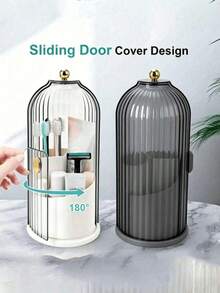 1pc Birdcage Rotating Dustproof Storage Organizer, 180° Sliding Door Storage Holder, Bathroom Toothbrush & Toothpaste Holder, Vanity Makeup Brush Lipstick Container, Ins Style Desktop Decor - Multicolor - View 2