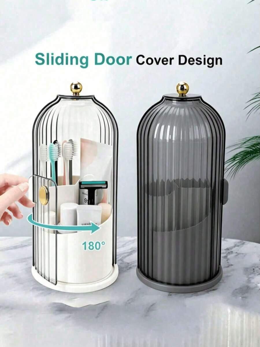 1pc Birdcage Rotating Dustproof Storage Organizer, 180° Sliding Door Storage Holder, Bathroom Toothbrush & Toothpaste Holder, Vanity Makeup Brush Lipstick Container, Ins Style Desktop Decor