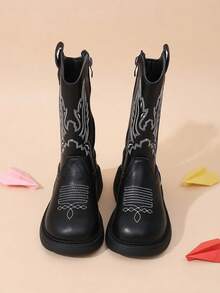 Sepatu Bot Koboi Wanita Minimalis Keren dengan Bordir Sayap, Warna Hitam, Resleting Samping, Cocok untuk Pemakaian Sehari-hari di Musim Gugur/Dingin - Hitam - View 2