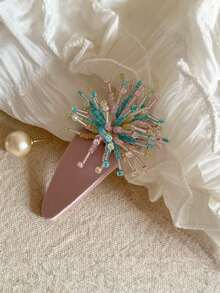 1pc Pink Satin Firework Design Rhinestone Embellished Hair Clip Handmade Rhinestone Hair Clip Elegant Fashion For Women For Party And Daily Wear - Multicolor - View 4