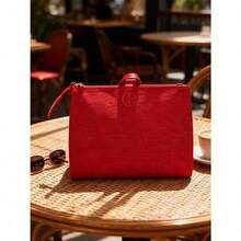 Vibrant Red Embossed PU Cosmetic Storage Bag With Top Handle Zipper Closure Portable Travel Toiletry Pouch For Makeup Skincare Organizing Holiday Birthday Anniversary Gift Armani - Flame Red - View 3