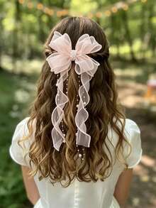 1pc White Mesh Pearl Long Ribbon Bow Hair Clip Spring Clip, Fashion Elegant Girl Hair Accessory, Suitable For Gift Wedding Bridal Hair Decor - Style Two - View 7
