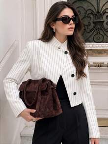 Women's Premium Stand Collar Vertical Striped Short Blazer, Clean Cut Urban Exploration Commute Outfit, Elegant Top - White - View 3
